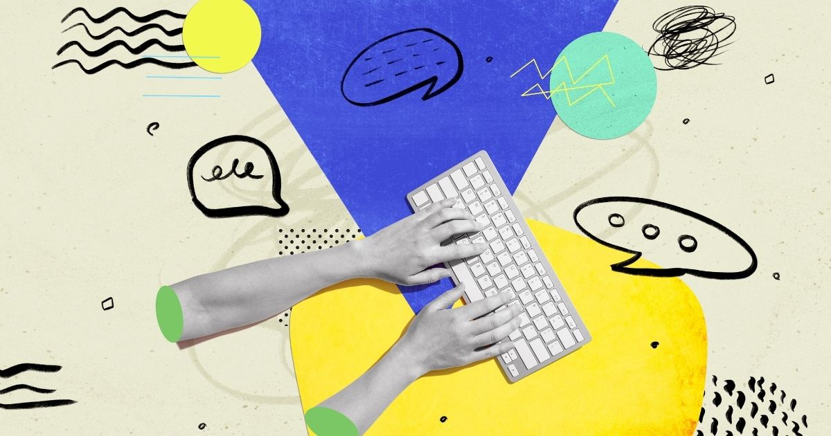Illustrated collage of hands typing on a keyboard surrounded by speech bubbles and abstract shapes, representing AI-assisted communication