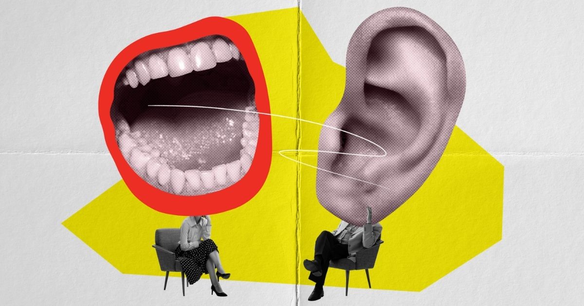 Illustration of a mouth speaking and an ear listening, representing marketing that doesn't connect